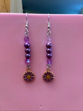 Purple Beaded Daisy Drop Earrings - Unbranded